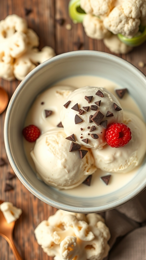 Creamy Cauliflower Ice Cream Recipe A bowl of cauliflower ice cream topped with chocolate chips and berries on a wooden table.